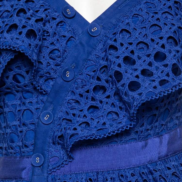 Pre Owned Self-Portrait Blue Crochet Lace One Shoulder Ruffled Midi Dress M