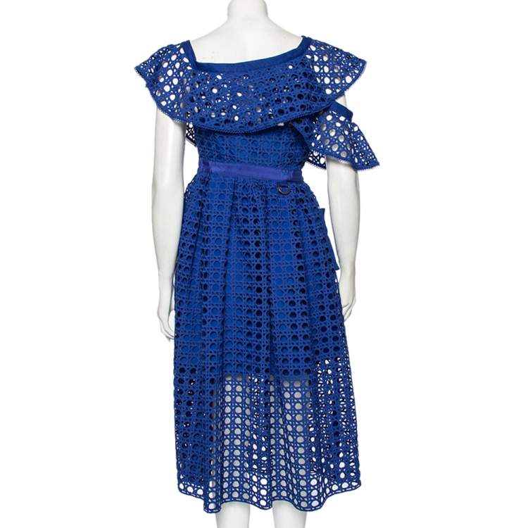 Pre Owned Self-Portrait Blue Crochet Lace One Shoulder Ruffled Midi Dress M