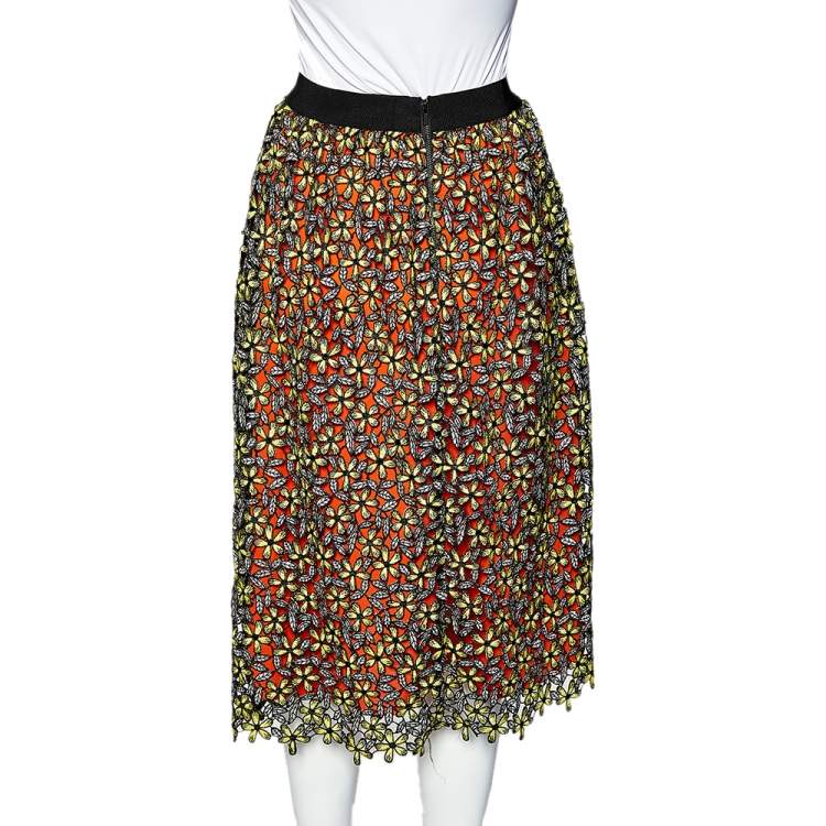 Pre Owned Self-Portrait Multicolor Floral Guipure Lace Midi Skirt S