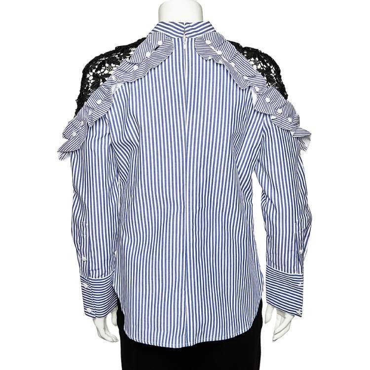 Pre Owned Self-Portrait Blue Striped Cotton & Contrast Lace Long Sleeve Top M