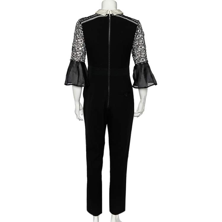 Pre Owned Self-Portrait Black & White Lace Bodice Bell Sleeve Jumpsuit M