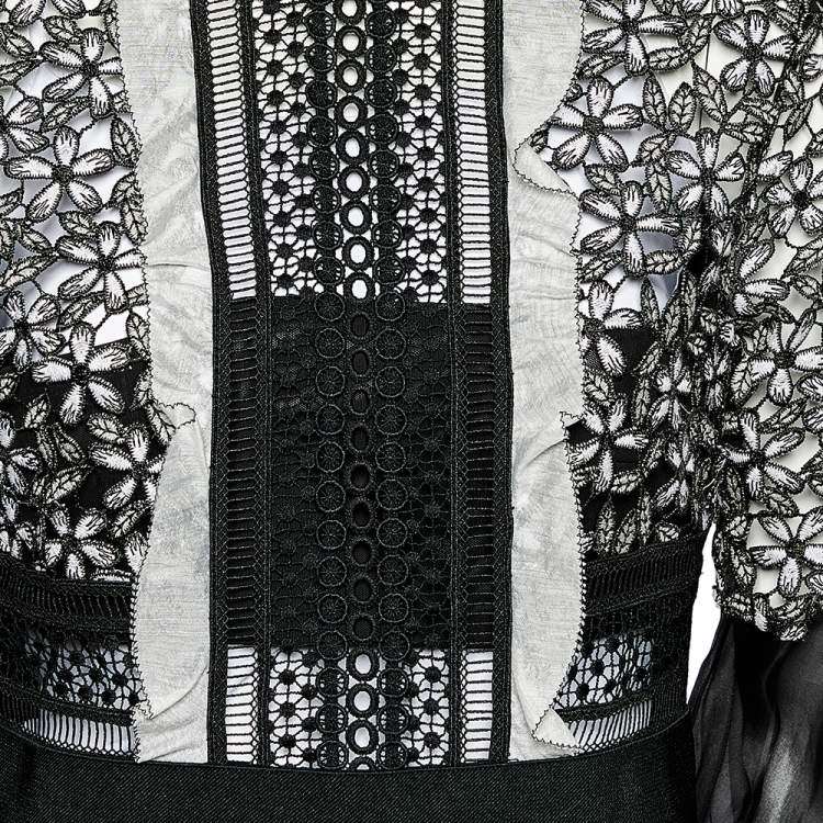 Pre Owned Self-Portrait Black & White Lace Bodice Bell Sleeve Jumpsuit M