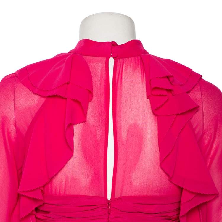 مملوكة مسبقًا Self-Portrait Fuchsia Chiffon Ruffled Detailed Midi Dress S