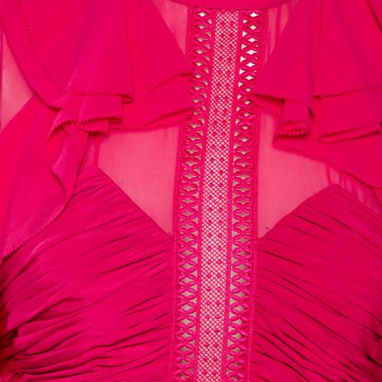 مملوكة مسبقًا Self-Portrait Fuchsia Chiffon Ruffled Detailed Midi Dress S