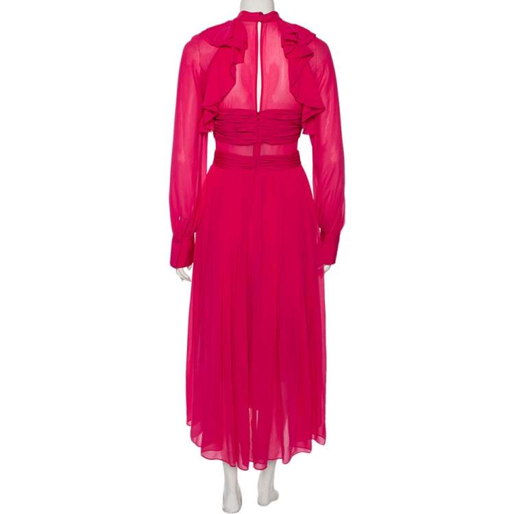 مملوكة مسبقًا Self-Portrait Fuchsia Chiffon Ruffled Detailed Midi Dress S