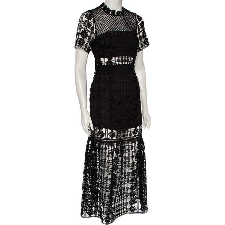 Pre Owned Self Portrait Black Floral Guipure Lace Flared Midi Dress S