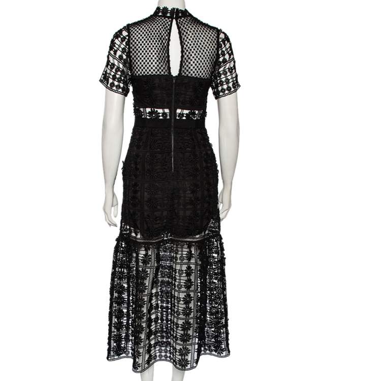 Pre Owned Self Portrait Black Floral Guipure Lace Flared Midi Dress S