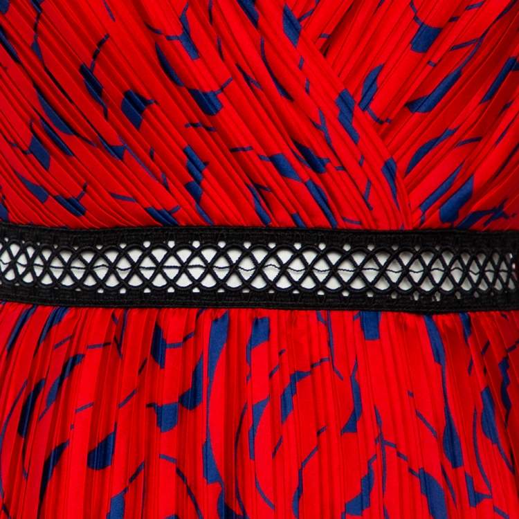 مملوكة مسبقًا Self-Portrait Red Printed Crepe De Chine Tiered Midi Dress S