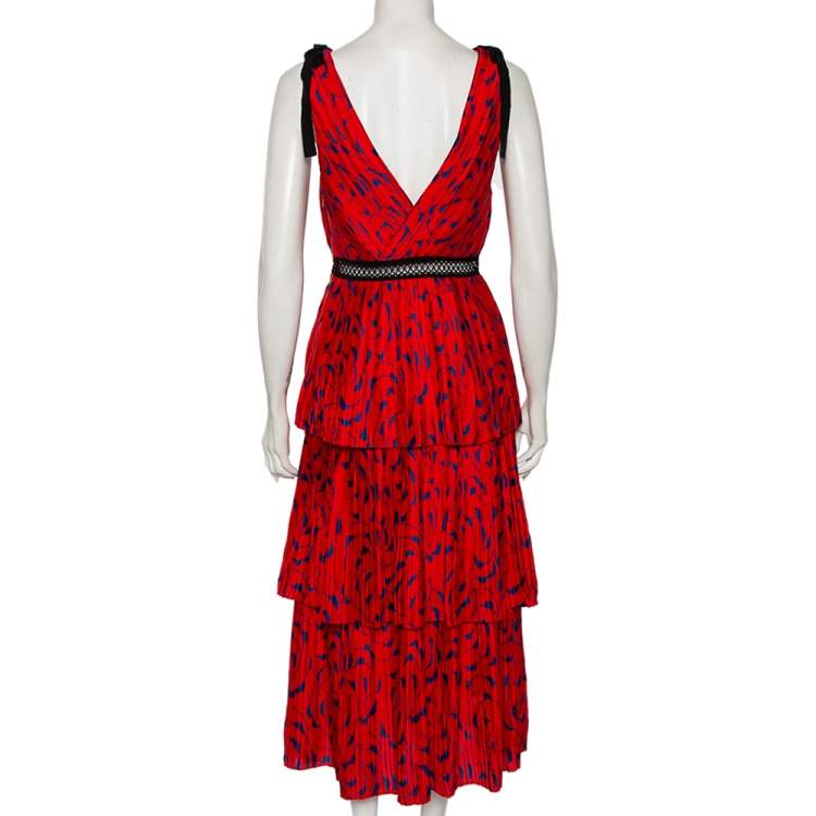 مملوكة مسبقًا Self-Portrait Red Printed Crepe De Chine Tiered Midi Dress S