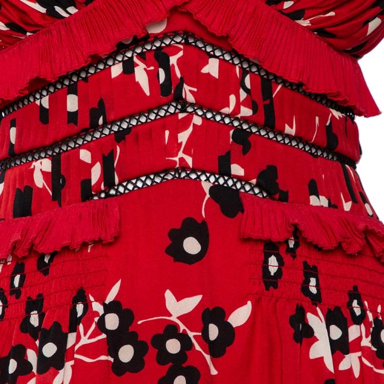 Pre Owned Self-Portrait Red Floral Printed Crepe Ruffle Detailed Cold Shoulder Mini Dress S
