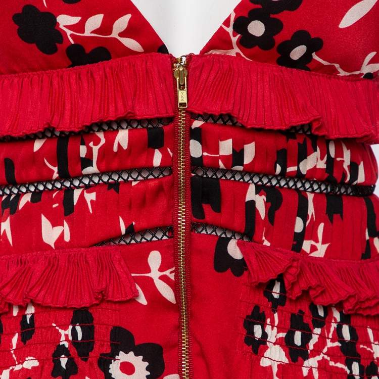 Pre Owned Self-Portrait Red Floral Printed Crepe Ruffle Detailed Cold Shoulder Mini Dress S