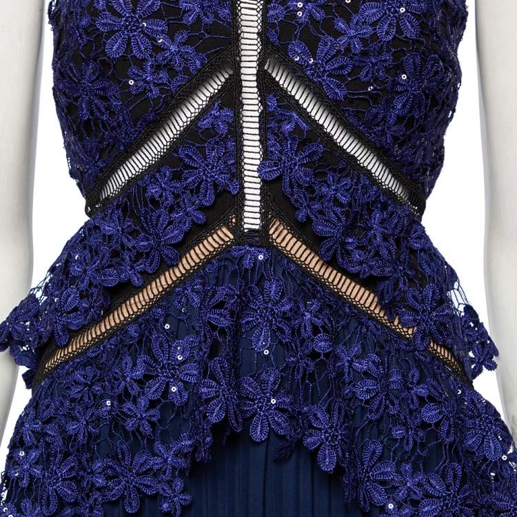 Pre Owned Self-Portrait Blue Chiffon And Embellished Guipure Lace Overlay Short Pleated Dress S