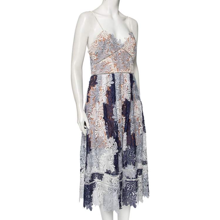 Pre Owned Self-Portrait Navy Blue & White Guipure Lace Pleated Camellias Dress M