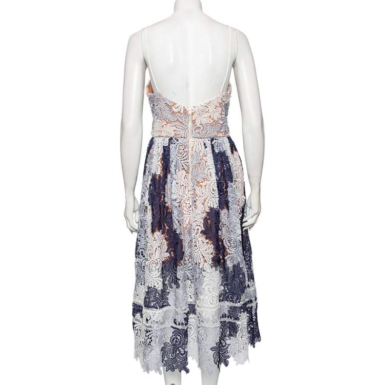 Pre Owned Self-Portrait Navy Blue & White Guipure Lace Pleated Camellias Dress M