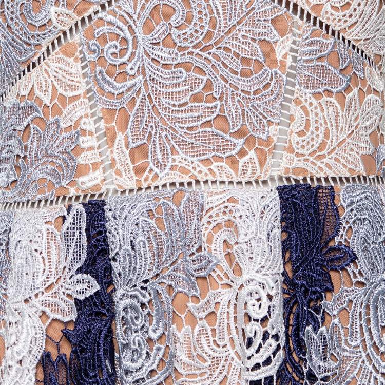 Pre Owned Self-Portrait Navy Blue & White Guipure Lace Pleated Camellias Dress M