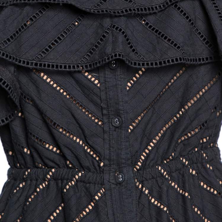 مملوكة مسبقًا Self-Portrait Navy Blue Eyelet Cotton Button Front Off-Shoulder Dress S