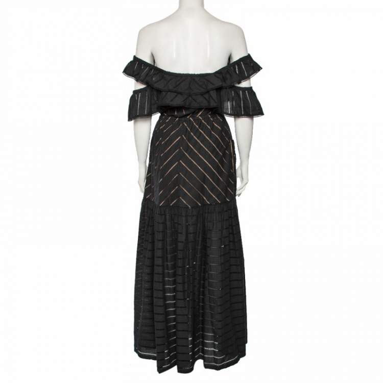 مملوكة مسبقًا Self-Portrait Navy Blue Eyelet Cotton Button Front Off-Shoulder Dress S