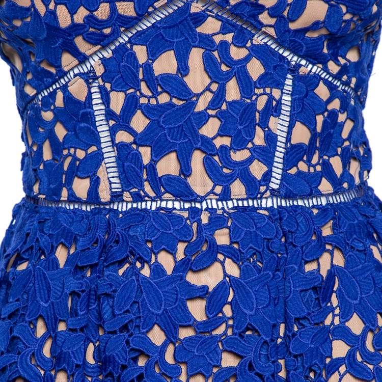 Pre Owned Self-Portrait Cobalt Blue Floral Guipure Lace Azalea Dress S