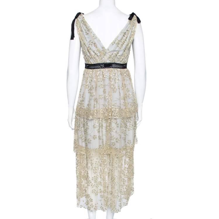 Pre Owned Self-Portrait Grey & Gold Embroidery Embellished Tulle V-Neck Midi Dress M