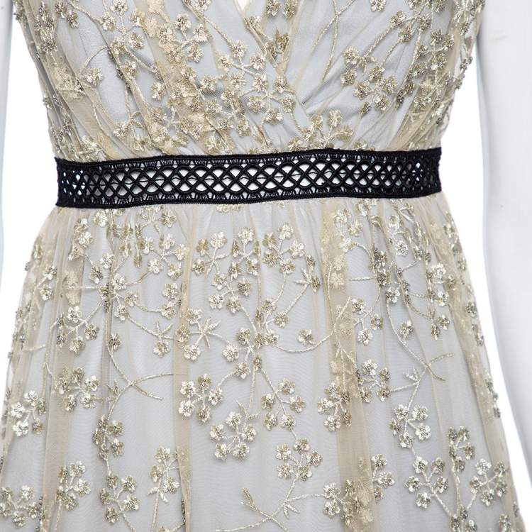 Pre Owned Self-Portrait Grey & Gold Embroidery Embellished Tulle V-Neck Midi Dress M
