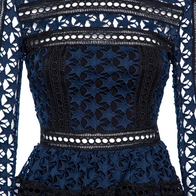 مملوكة مسبقًا Self-Portrait Navy Blue Guipure Lace Ruffled Mini Dress S