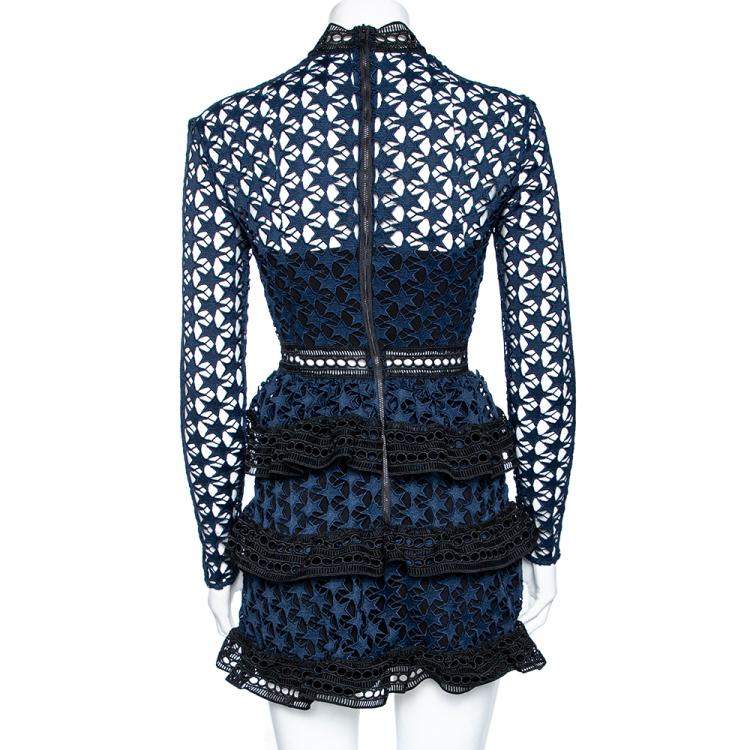 مملوكة مسبقًا Self-Portrait Navy Blue Guipure Lace Ruffled Mini Dress S