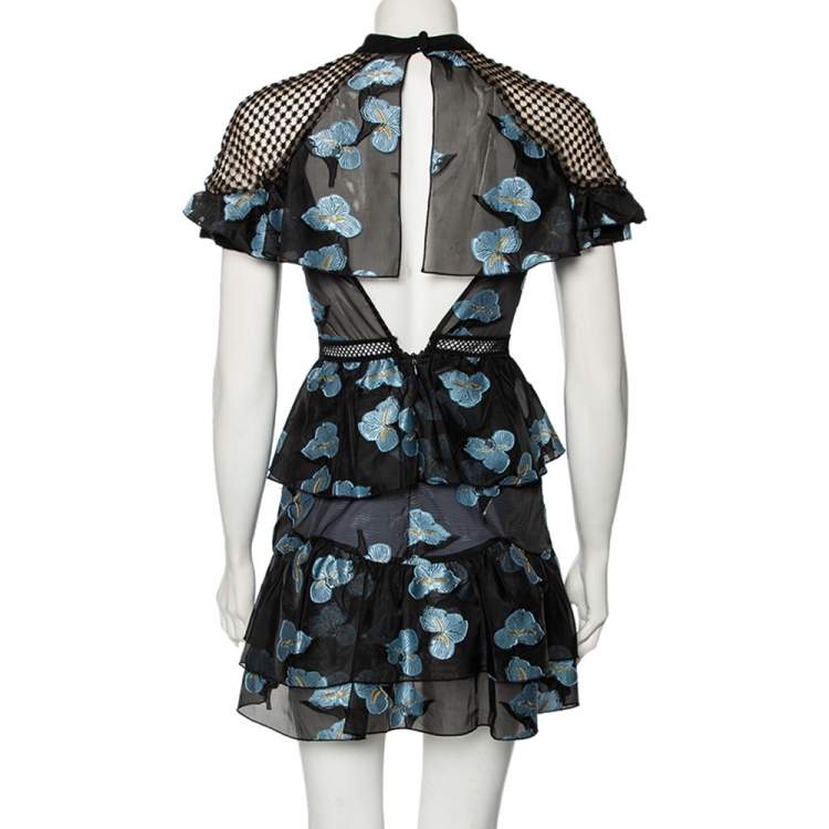 Pre Owned Self-Portrait Black & Blue Floral Fil Coupe Cut-Out Back Ruffled Dress XS
