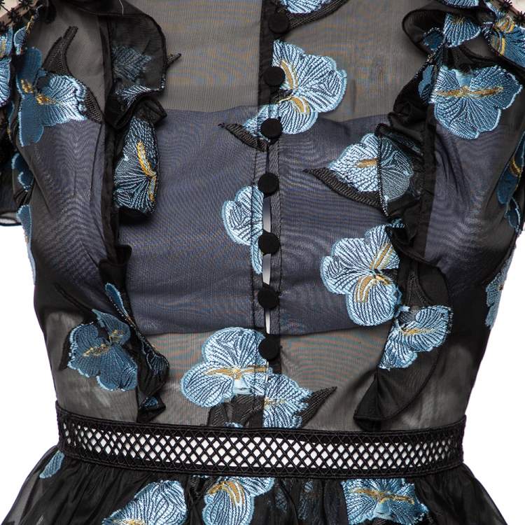 Pre Owned Self-Portrait Black & Blue Floral Fil Coupe Cut-Out Back Ruffled Dress XS
