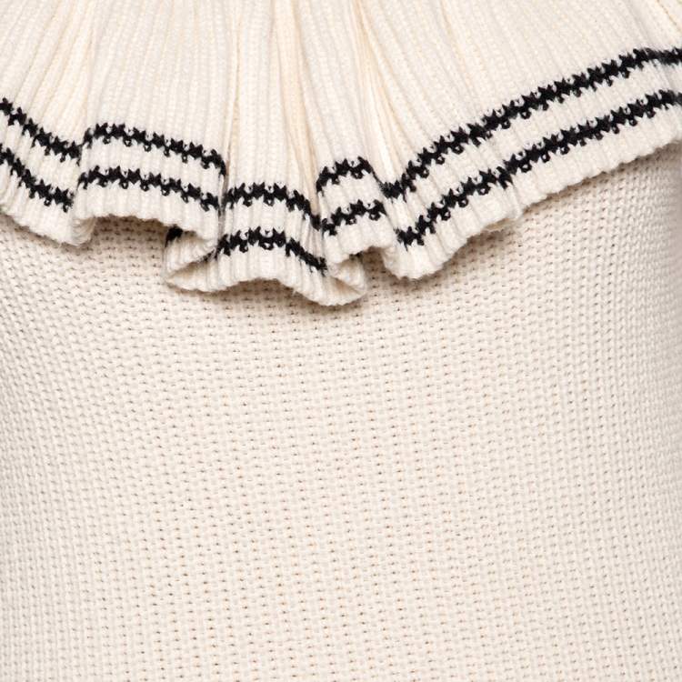 Pre Owned Self-Portrait Cream Wool Knit Ruffle Detailed Off-Shoulder Sweater S