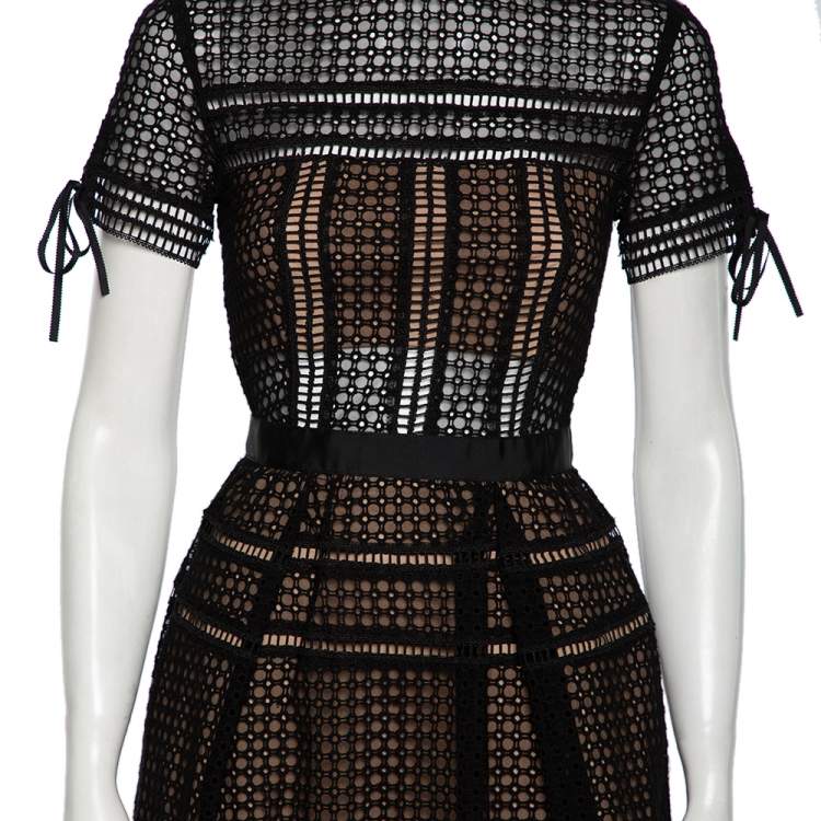 Pre Owned Self-Portrait Black Eyelet Lace Pleated Aurelia Dress S