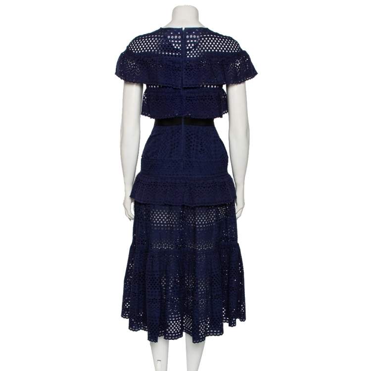 مملوكة مسبقًا Self-Portrait Navy Blue Cotton Tiered Floral Broderie Anglaise Midi Dress S