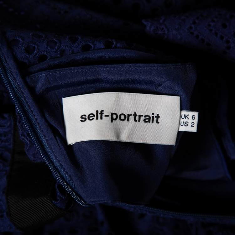مملوكة مسبقًا Self-Portrait Navy Blue Cotton Tiered Floral Broderie Anglaise Midi Dress S