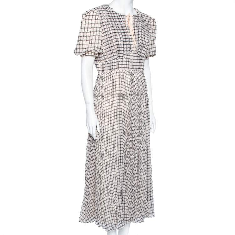 مملوكة مسبقًا Self-Portrait Monochrome Checked Chiffon Midi Dress M