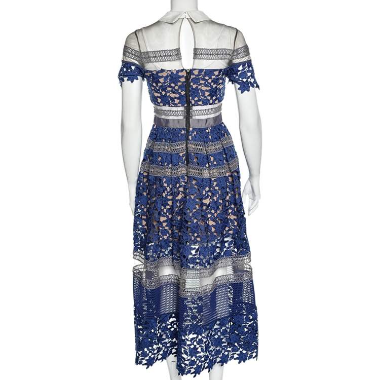 Pre Owned Self-Portrait Navy Blue Guipure Lace Midi Dress S
