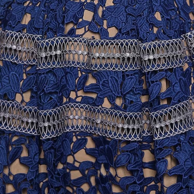 Pre Owned Self-Portrait Navy Blue Guipure Lace Midi Dress S