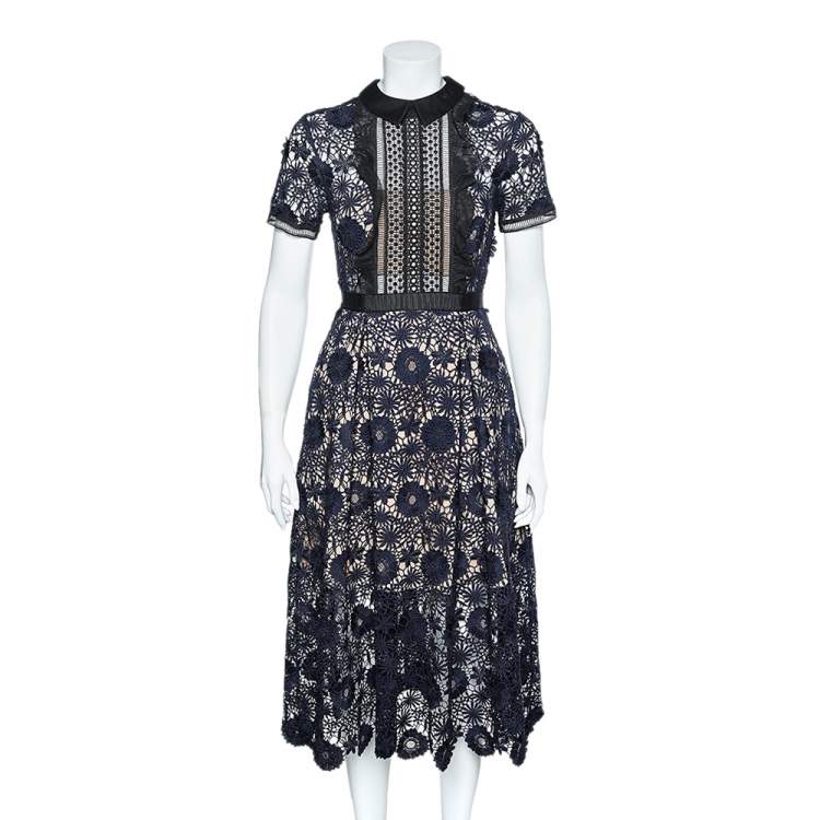 Pre Owned Self-Portrait Navy Blue Floral Guipure Lace Midi Dress S 