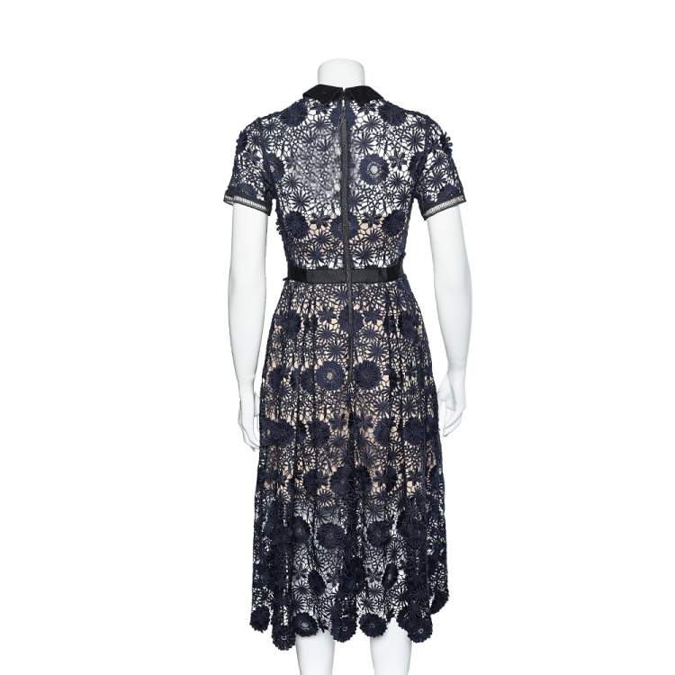 Pre Owned Self-Portrait Navy Blue Floral Guipure Lace Midi Dress S 