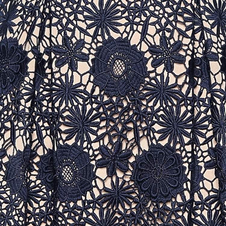 Pre Owned Self-Portrait Navy Blue Floral Guipure Lace Midi Dress S 