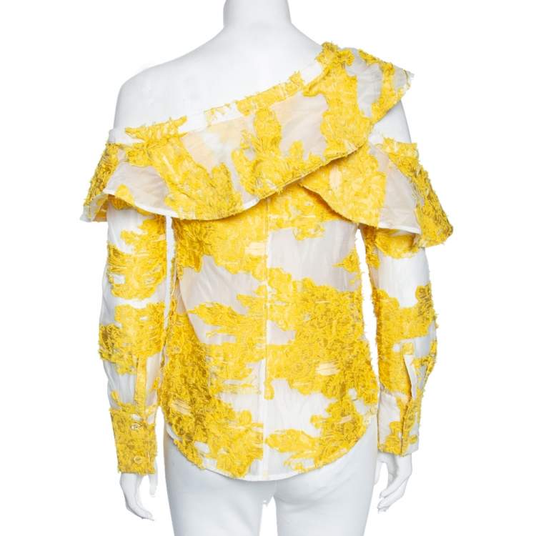 Pre Owned Self-Portrait Yellow Floral Fil Coupe Asymmetrical Ruffled Blouse S