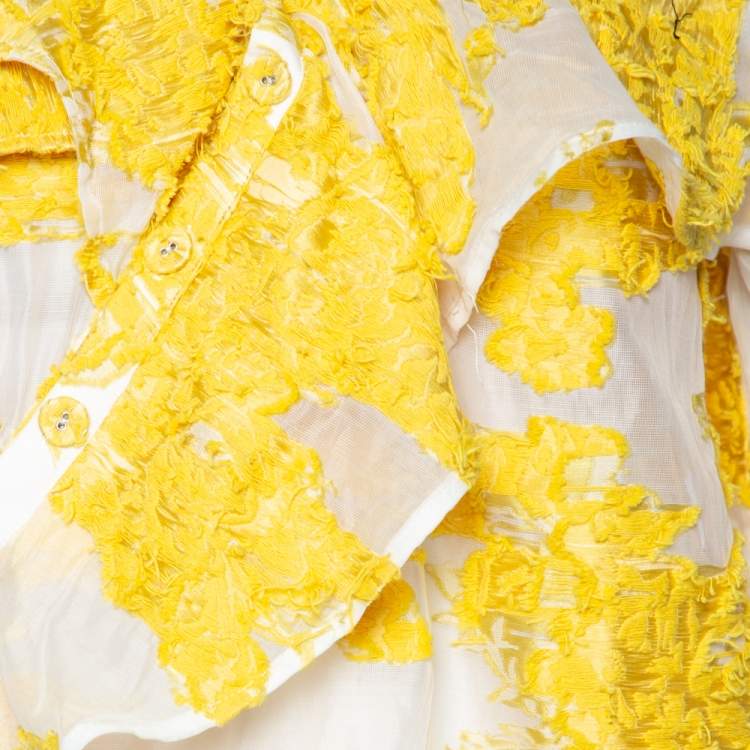Pre Owned Self-Portrait Yellow Floral Fil Coupe Asymmetrical Ruffled Blouse S