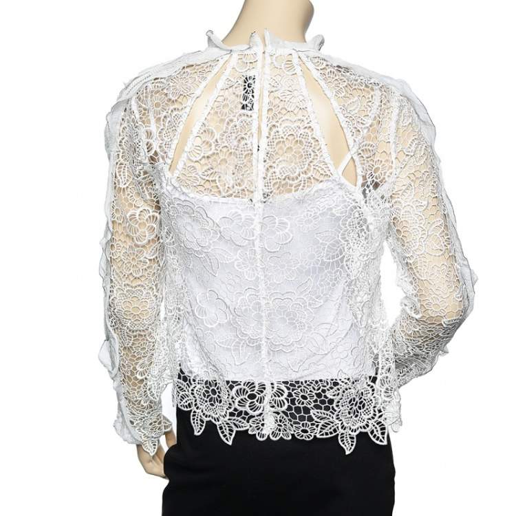 Pre Owned Self-Portrait White Lace Ruffle Trim Top M