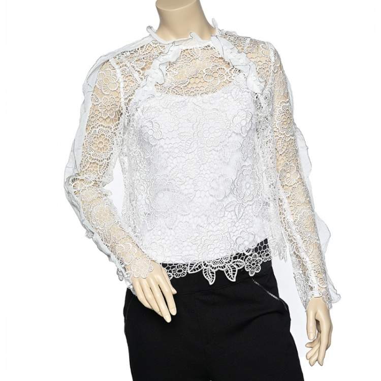 Pre Owned Self-Portrait White Lace Ruffle Trim Top M