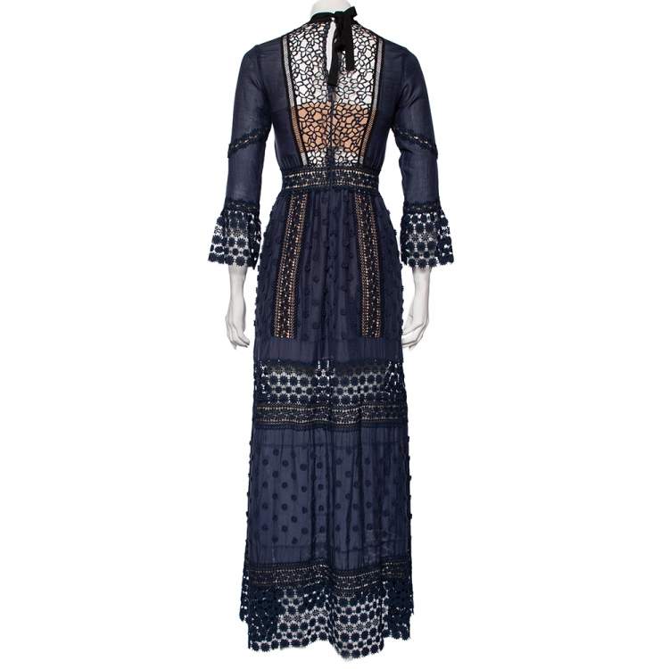 Pre Owned Self-Portrait Navy Blue Cotton & Guipure Lace Floral Appliqued Dress S