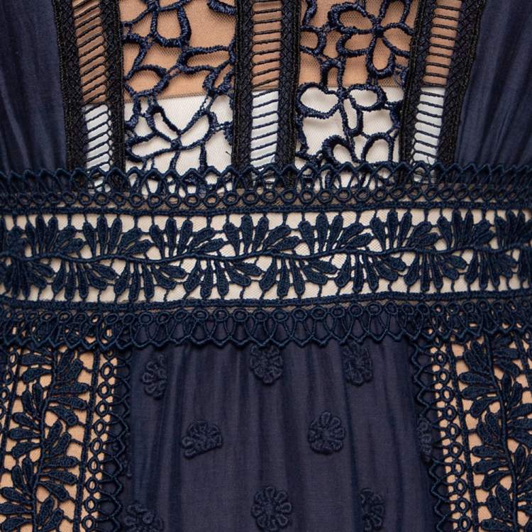 Pre Owned Self-Portrait Navy Blue Cotton & Guipure Lace Floral Appliqued Dress S