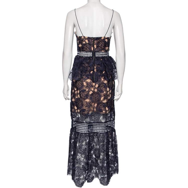 Pre Owned Self-Portrait Navy Blue Floral Guipure Lace Amaryllis Sheer Column Dress M