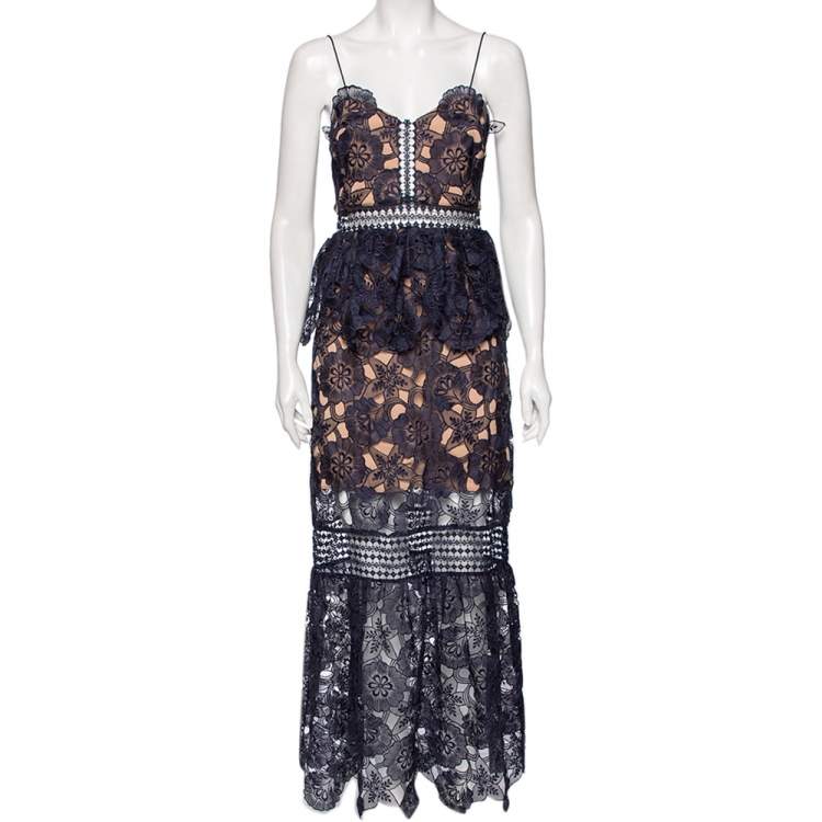 Pre Owned Self-Portrait Navy Blue Floral Guipure Lace Amaryllis Sheer Column Dress M
