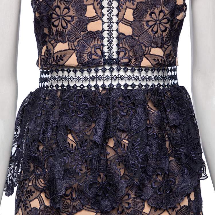 Pre Owned Self-Portrait Navy Blue Floral Guipure Lace Amaryllis Sheer Column Dress M