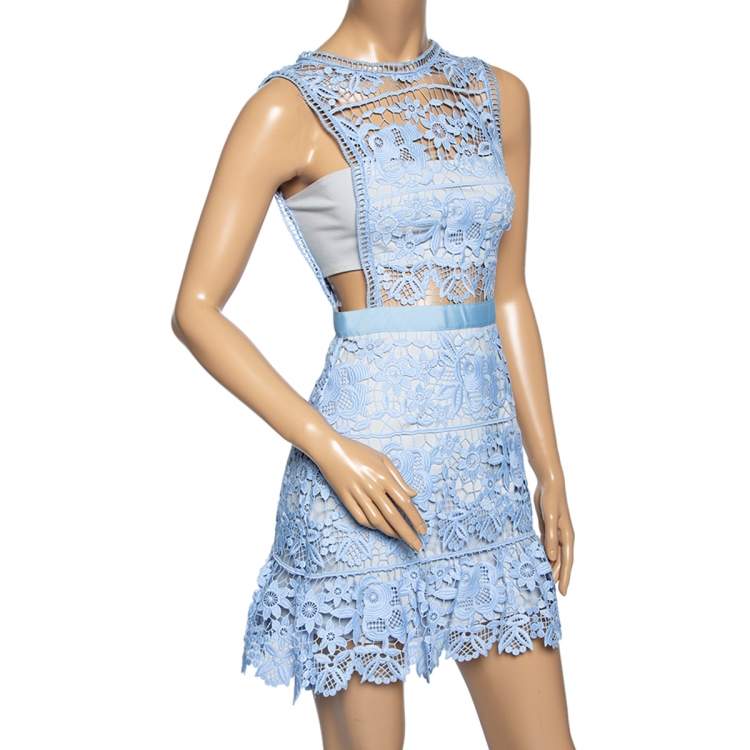 Pre Owned Self Portrait Blue Guipure Lace Flared Mini Dress S