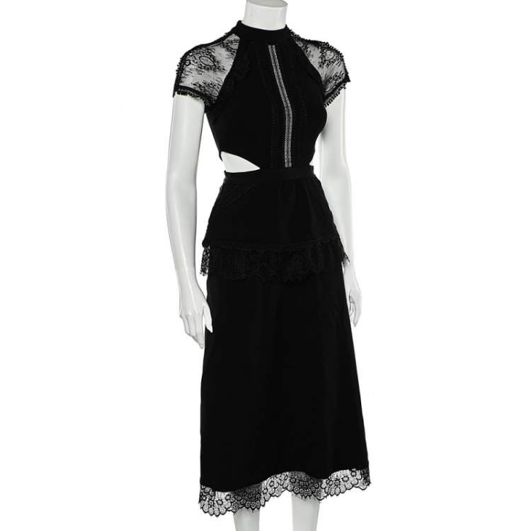 Pre Owned Self-Portrait Black Crepe And Lace Crawley Midi Dress S