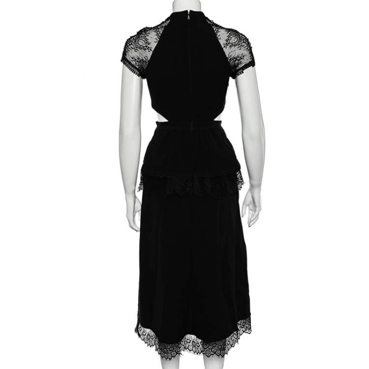 Pre Owned Self-Portrait Black Crepe And Lace Crawley Midi Dress S